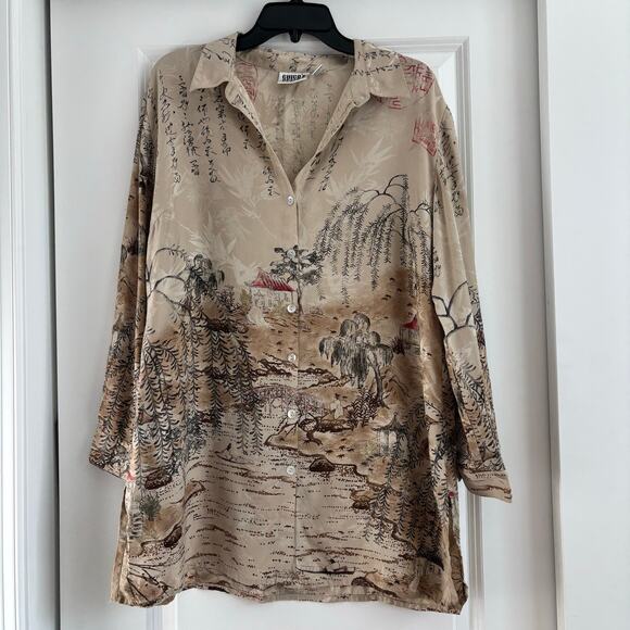 Chicos Design Women’s 100% Silk Asian Inspired Button Down Blouse Top Sz L - Picture 1 of 9